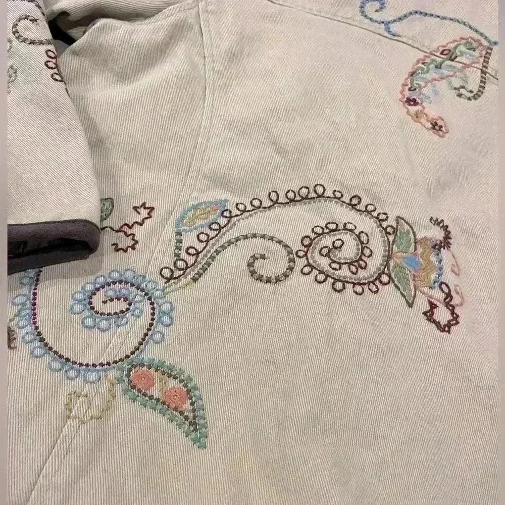 Denim & Co. Light Brown Embroidered Cotton Boho Button Down Jacket Women’s Sz M - Picture 4 of 6